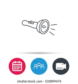Flashlight icon. Light beam sign. Electric lamp tool symbol. Group of people, video cam and calendar icons. Vector