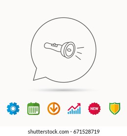 Flashlight icon. Light beam sign. Electric lamp tool symbol. Calendar, Graph chart and Cogwheel signs. Download and Shield web icons. Vector
