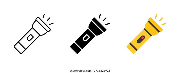 Ícone de lanterna. Tocha portátil moderna com sinal de botão de energia. Ilustração de dispositivo de iluminação elétrica para conceitos de emergência, inspeção ou trabalho noturno.