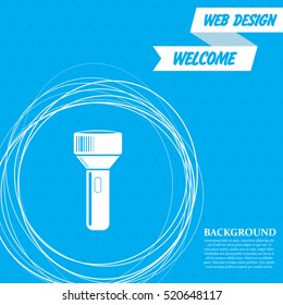 flashlight icon on a blue background with abstract circles around and place for your text. Vector illustration