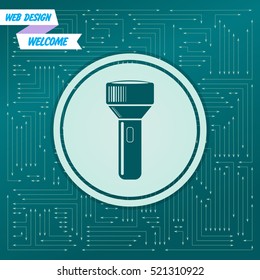 flashlight icon on a green background, with arrows in different directions. It appears on the electronic board. Vector illustration