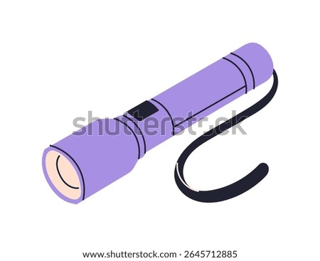 Flashlight icon, portable handheld lamp, electric torch for night use, led light source for hiking, camping, emergency or search purposes, compact battery powered device flat vector illustration.