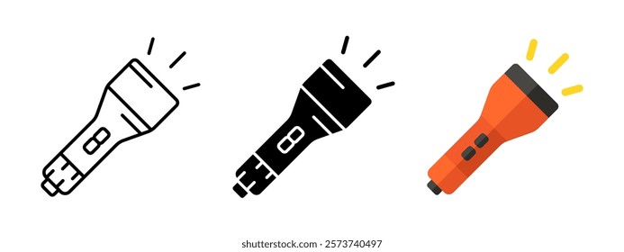 Flashlight icon. Portable flashlight vector illustration. Bright pocket lighter symbol. Electric handle lantern sign. Flash light tool pictogram. Spotlight lamp tool. Electricity lighting concept.