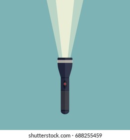 Flashlight icon with rays in flat design. Concept of web and optimization search. Vector illustration