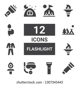 flashlight icon set. Collection of 12 filled flashlight icons included Flashlight, Scuba diving, Torch, Diving, Camping, Camp