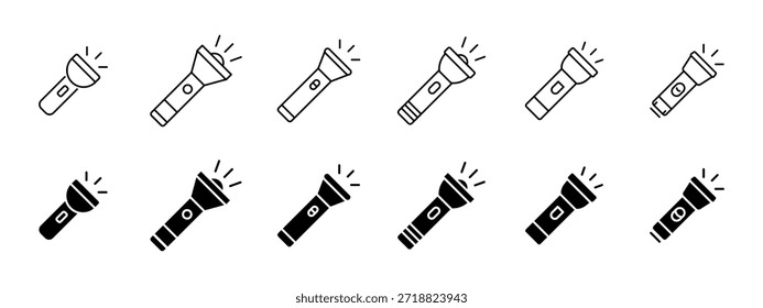 Conjunto de ícones de lanterna. Tocha elétrica de mão para iluminação. Dispositivo portátil de iluminação para situações de obscuridade e emergência. Simples esboço e sólida lanterna vetor ilustração isolado.