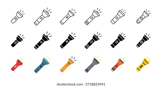Conjunto de ícones de lanterna. Símbolo do dispositivo elétrico portátil de iluminação. Tocha de mão para iluminação em situações escuras e de emergência. Coleção de ilustrações de vetor simples.