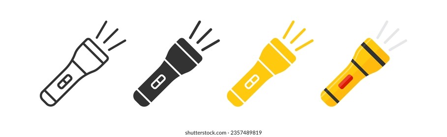 Flashlight icon. Torch signs. Lamp light symbol. Electric portable device symbols. Spotlight for police icons. Black, yellow, flat color. Vector isolated sign.