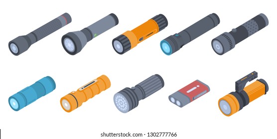 Flashlight icons set. Isometric set of flashlight vector icons for web design isolated on white background