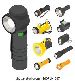 Flashlight icons set. Isometric set of flashlight vector icons for web design isolated on white background