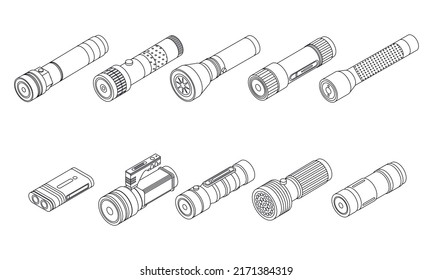 Flashlight icons set. Isometric set of flashlight vector icons outline isolated on white background