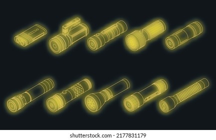 Flashlight icons set. Isometric set of flashlight vector icons neon on black