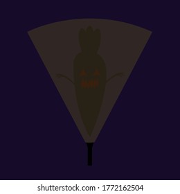 flashlight illuminates a scary ghost in the shape of a carrot Halloween concept and mysticism object on a dark night background