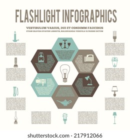 Flashlight and lamps energy saving flat hexagon infographic vector illustration