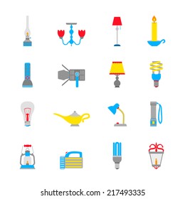 Flashlight and lamps illumination equipment icons flat set isolated vector illustration