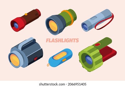 Linterna. Lámparas linterna vigas nocturnas eléctricas buscando en linterna isométrica vectorial oscuro