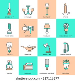 Flashlight and lamps light and illumination equipment icons flat line set isolated vector illustration