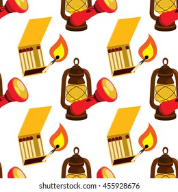 Flashlight and Lantern seamless pattern. Inventory hunter, woodsman, gamekeeper. Household tools.