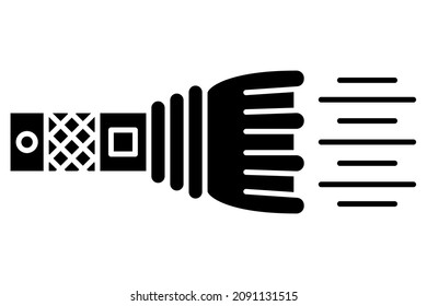 Una linterna con una cabeza grande y un potente haz de luz brillante. Linterna portátil para iluminación móvil a largo plazo. Icono del vector, glifo, aislado
