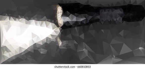 Flashlight laying down on the grey matt surface. Beautiful low poly triangular background pattern.  Vector illustration.