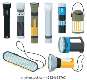 Flashlight of light icon set with spotlight or flash function. Light lantern isolated on white background. Vector cartoon illustration
