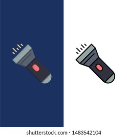 Flashlight, Light, Torch, Flash  Icons. Flat and Line Filled Icon Set Vector Blue Background