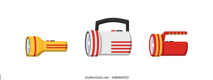 Flashlight of light vector flat set icon. Flashlight lighting with spotlight or flash. Illustration set of flashing light lantern isolated on white background. Vector illustration, EPS 10.