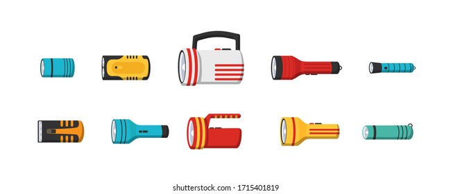 Flashlight of light vector flat set icon. Flashlight lighting with spotlight or flash. Illustration set of flashing light lantern isolated on white background. Vector illustration, EPS 10.