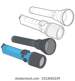 Flashlight of light vector flat set icon. Flashlight lighting with spotlight or flash. Illustration set of flashing light lantern isolated on black background. Vector illustration, EPS 10.
