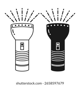 Taschenlampe Beleuchtung Ausrüstung flach schwarz und Outline-Stil. Taschenlampensymbol auf weißem Hintergrund.