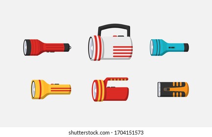 Flashlight lighting with spotlight or flash. Illustration set of flashing light lantern isolated on white background. Flashlight of light vector flat set icon. Vector illustration, EPS 10.