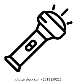 Icono de línea de linterna. Iluminación, exploración, emergencia, resplandor, lámpara, electricidad, senderismo, contorno, electrónico, herramienta, gráfico