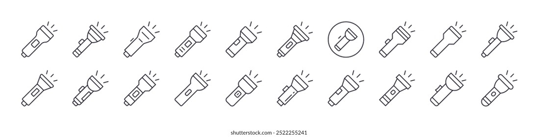 Flashlight Line Icon Pack. Editable Stroke. Minimalistic Linear Pictogram for Design of Cards, Apps, Banners, Posts