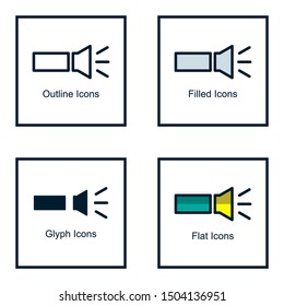 FLASHLIGHT LOGO WITH SOME KINDS OF STYLES, LINE DESIGNS, FILLED DESIGNS, GLYPH DESIGNS, AND FLAT DESIGNS