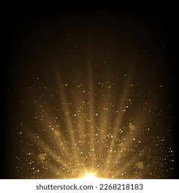 Flashlight of magic light with golden beams, spark and glitter vector illustration. 3D realistic gold glow and glare of star, shine of bright rays of energy and highlights on dark night background