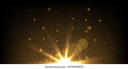 Flashlight of magic light with golden beams, spark and glitter vector illustration. 3D realistic gold glow and glare of star, shine of bright rays of energy and highlights on dark night background