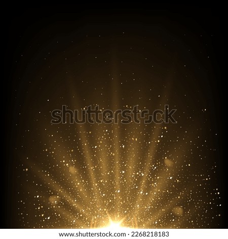Flashlight of magic light with golden beams, spark and glitter vector illustration. 3D realistic gold glow and glare of star, shine of bright rays of energy and highlights on dark night background