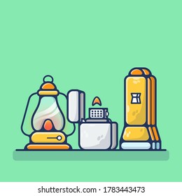 Flashlight, Matches, And Lantern Vector Illustration. Set Led, Lighter, Glass, Bulb  Flat Cartoon Style Suitable for Sticker, Wallpaper, Icon, etc.