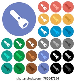 Flashlight multi colored flat icons on round backgrounds. Included white, light and dark icon variations for hover and active status effects, and bonus shades on black backgounds.