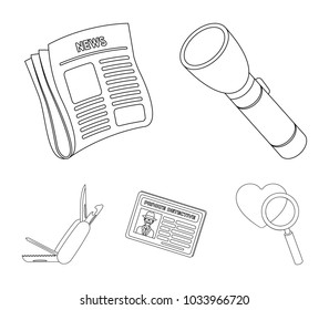 Flashlight, newspaper with news, certificate, folding knife.Detective set collection icons in outline style vector symbol stock illustration web.