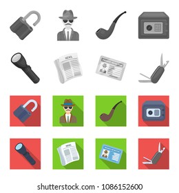 Flashlight, newspaper with news, certificate, folding knife.Detective set collection icons in monochrome,flat style vector symbol stock illustration web.