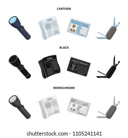 Flashlight, newspaper with news, certificate, folding knife.Detective set collection icons in cartoon,black,monochrome style vector symbol stock illustration web.