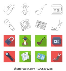Flashlight, newspaper with news, certificate, folding knife.Detective set collection icons in outline,flat style vector symbol stock illustration web.