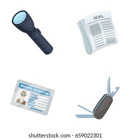 Flashlight, newspaper with news, certificate, folding knife.Detective set collection icons in cartoon style vector symbol stock illustration web.
