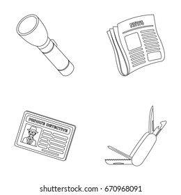 Flashlight, newspaper with news, certificate, folding knife.Detective set collection icons in outline style vector symbol stock illustration web.