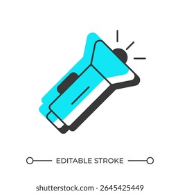 Flashlight offset shadow line icon. Glowing electric torch. Personal lighting equipment. Illumination instrument. Bold outline symbol with solid blue fill. Modern flat illustration. Editable stroke