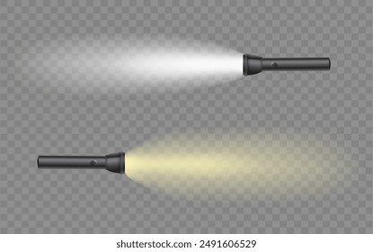 Linterna sobre fondo transparente. Antorcha de iluminación brillante. Vector