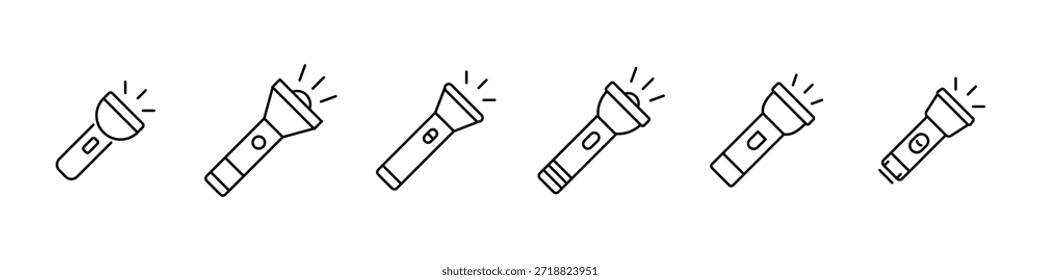 Conjunto de ícones de contorno da lanterna. Coleção de ícones de lanterna de flash de linha. Símbolos portáteis de lanterna elétrica.
