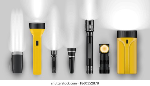 Flashlight, portable spotlight and torch with lighting ray. Different realistic pocket searchlight and hand-held lamp light source shiny glowing beam vector illustration isolated on white background