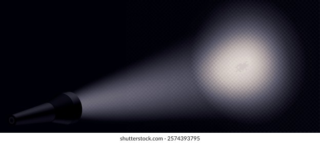 Flashlight projecting wide luminous beam on wall with realistic light scatter effect on dark background. Realistic black metallic torch creating soft gradient illumination with transparent glow.